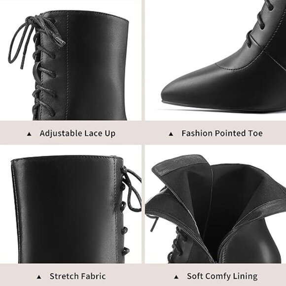 Ankle Boots Lace Up Side Zipper Block Heel Mid Calf High Heel Booties, 8.5 Black - Picture 2 of 5